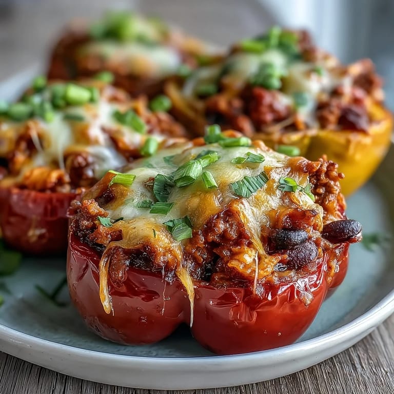 Close-up of baked chili mac stuffed peppers, showing tender bell peppers loaded with beef, beans, and cheesy goodness.