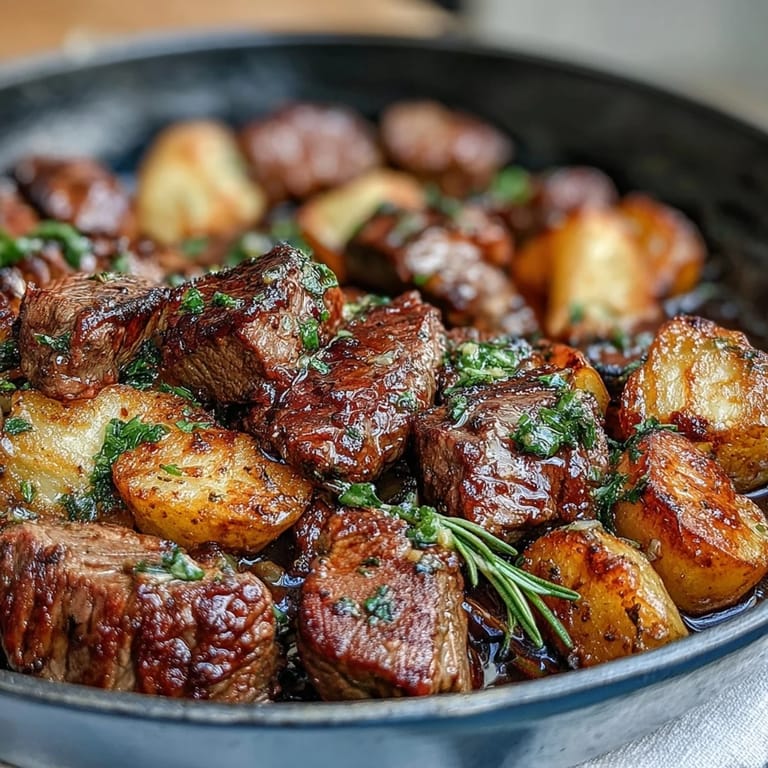 A close-up of Garlic Butter Steak & Potato Skillet, with buttery sauce, lemon zest, and vibrant parsley topping.