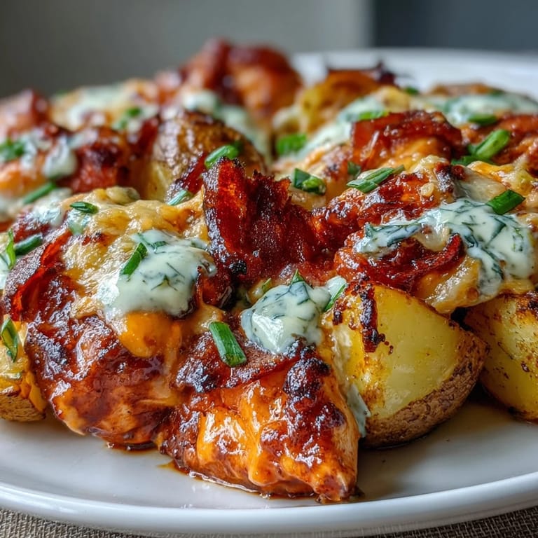 Sizzling Buffalo Ranch Chicken Potato Bake straight from the oven with bubbly cheddar cheese and colorful peppers.