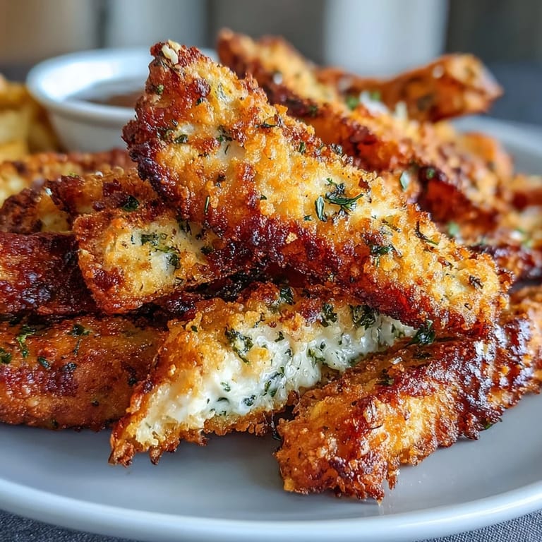 Crispy Baked Chicken Parmesan Fries coated in Parmesan and herbs, ready to be dipped into marinara or ranch.