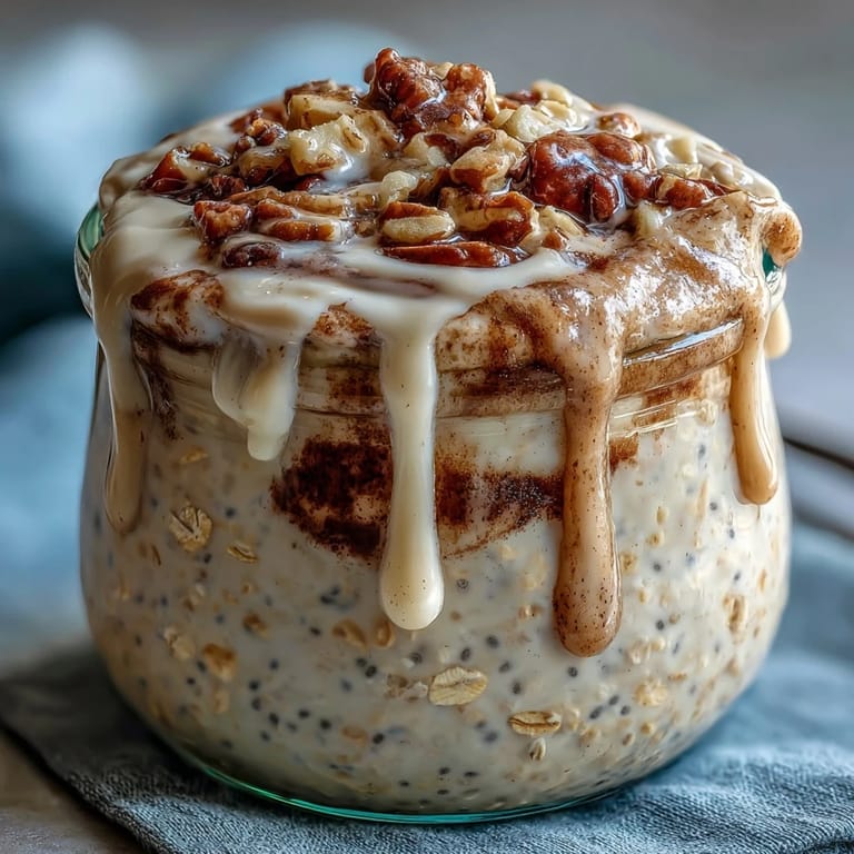 A spoon dips into a jar of High-Protein Cinnamon Roll Overnight Oats, showcasing the thick, layered texture and sweet vanilla drizzle.  