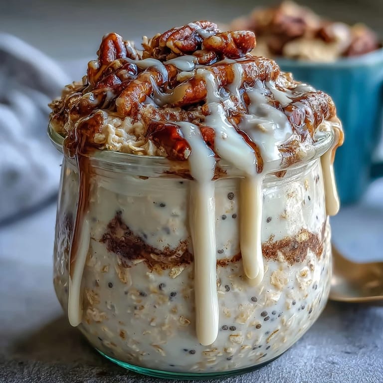Healthy breakfast jars of High-Protein Cinnamon Roll Overnight Oats garnished with cinnamon, ready to enjoy after a quick overnight chill.