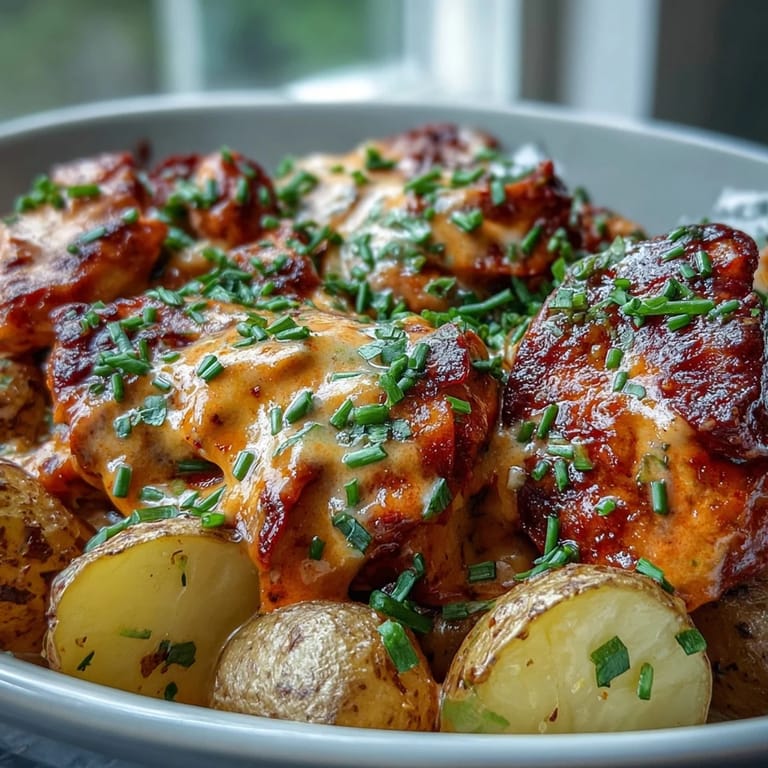 Sizzling chicken breasts nestled among halved baby potatoes in a 9x13 baking dish, smothered in zesty buffalo ranch sauce and melted cheddar cheese.