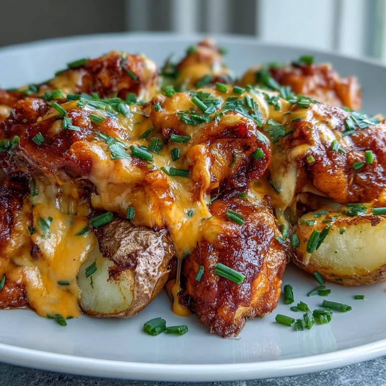 Served plated Buffalo Ranch Chicken Potato Bake garnished with fresh chives, a hearty American casserole perfect for a family dinner with a spicy kick.