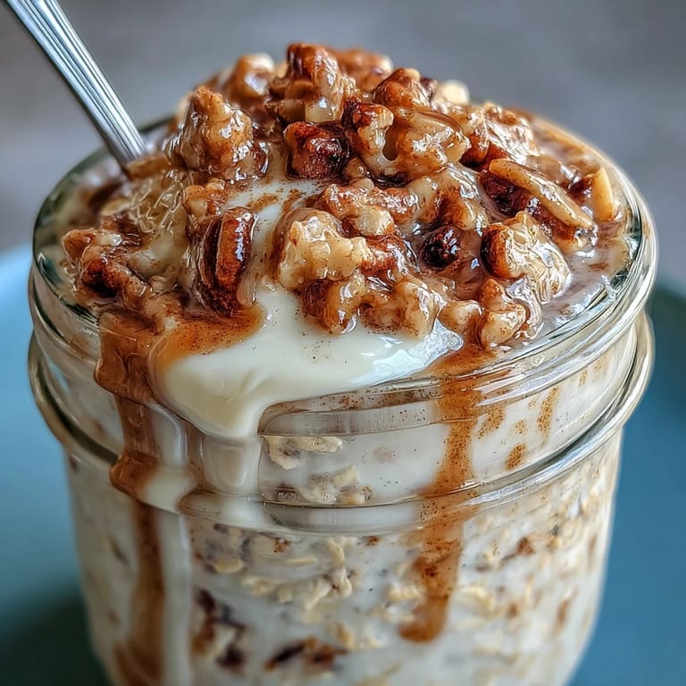 Two bowls of chilled High-Protein Cinnamon Roll Overnight Oats topped with a rich cream cheese-style glaze.