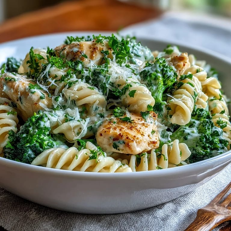Savory Garlic Parmesan Broccoli & Chicken Pasta with tender pasta and melted Parmesan, garnished with fresh parsley and a sprinkle of extra cheese.