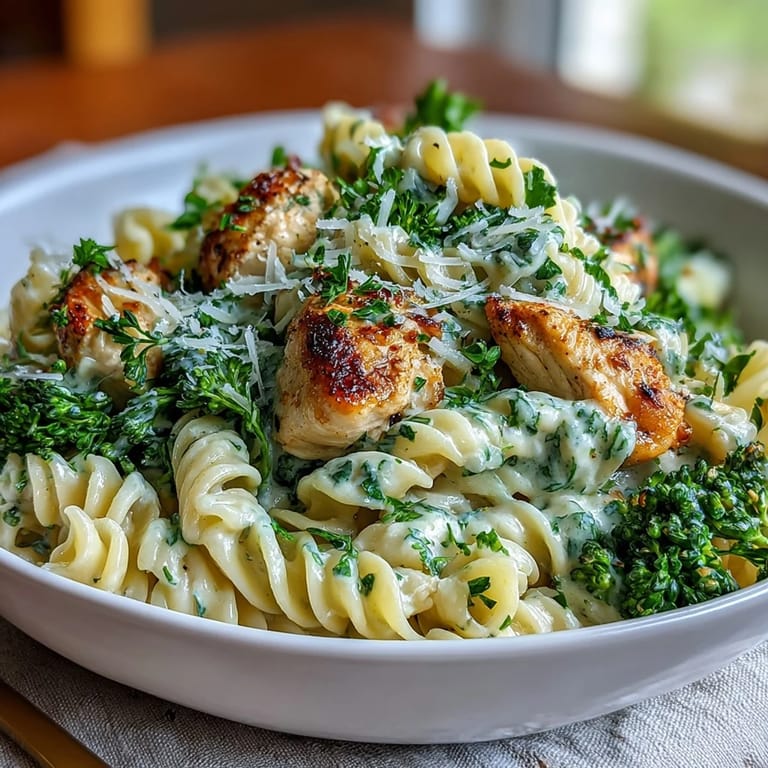Hearty Garlic Parmesan Broccoli & Chicken Pasta plated next to a glass of white wine, perfect for a cozy weeknight dinner.