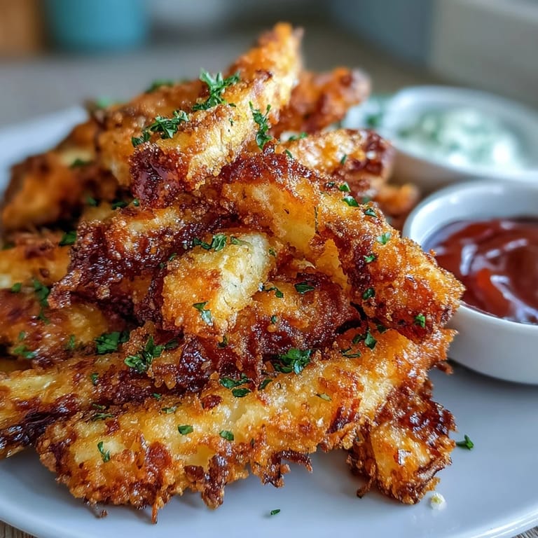 Golden Crispy Baked Chicken Parmesan Fries topped with fresh parsley and grated Parmesan cheese.