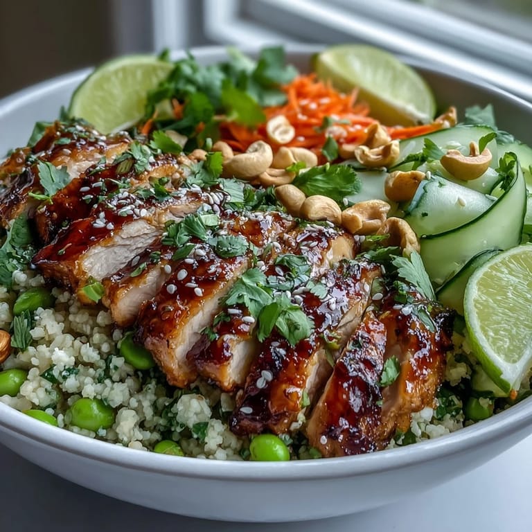 Spicy-sweet Sesame Ginger Chicken Couscous Bowls garnished with lime wedges, edamame, and crunchy cashews.