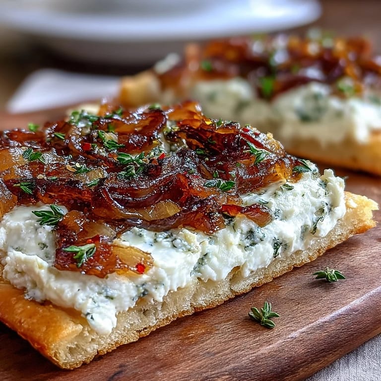 Baked Goat Cheese & Caramelized Onion Flatbread with a crispy crust and drizzle of honey and chili flakes for a spicy kick.