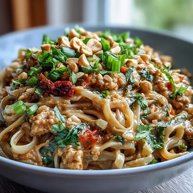 A fork lifts noodles from a warm bowl of Creamy Thai-Inspired Peanut Noodle Bowls, ideal for a quick dinner.