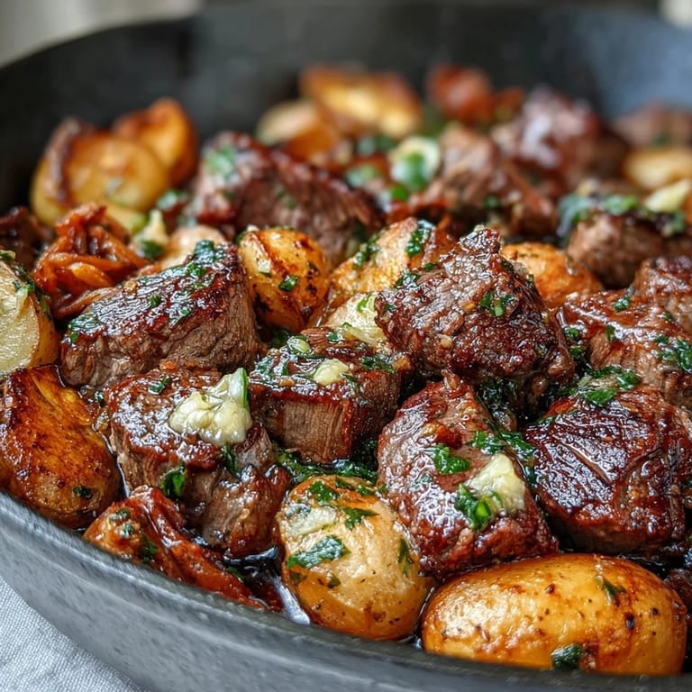 Garlic Butter Steak & Potato Skillet sits ready to serve, garnished with fresh parsley and chives.