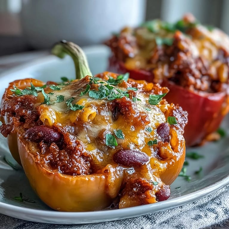 A hearty serving of chili mac stuffed peppers rests in a white baking dish, ready to enjoy.
