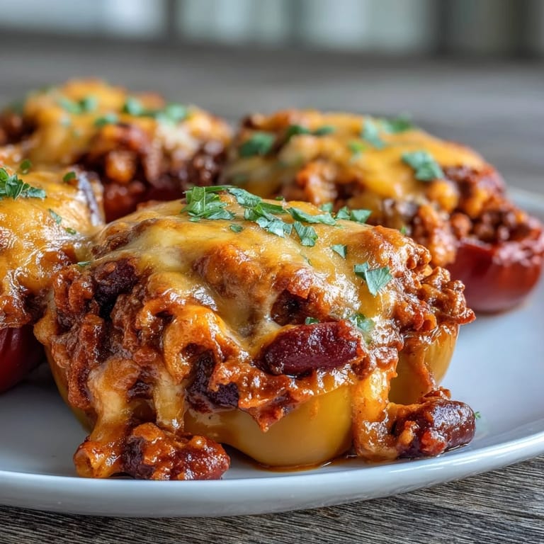 Pepper cups hold a savory chili mac filling, topped with melted cheese and fresh herbs for a comforting meal.