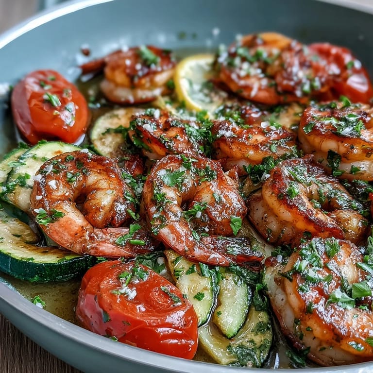 A rustic wooden table displays a skillet of One-Pan Lemon Butter Shrimp with Zucchini and Tomatoes next to crusty bread.