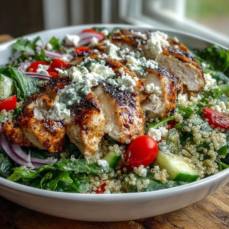 Healthy Lemon Herb Grilled Chicken Salad bowl with colorful vegetables, quinoa, and grilled chicken slices, perfect for a nutritious meal.