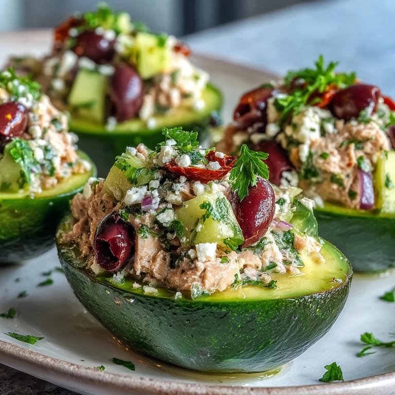 Colorful Mediterranean Tuna Salad Stuffed Avocados served on a rustic plate, ready for a light gluten-free lunch.