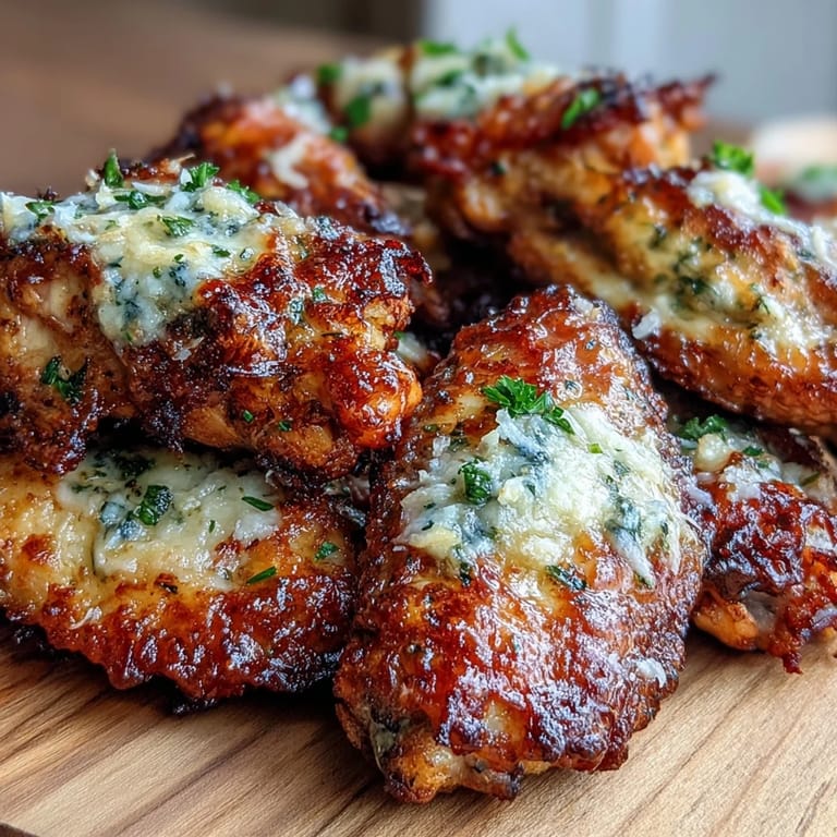 Golden-brown Keto Garlic Parmesan Baked Chicken Wings are arranged on a platter, topped with fresh parsley and red pepper flakes for a spicy kick.
