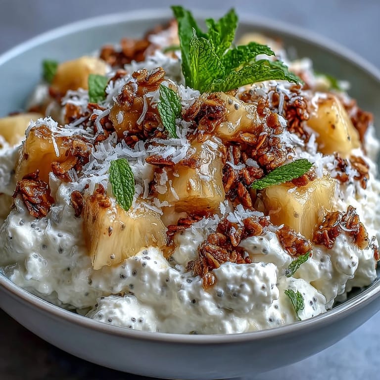 Cottage cheese breakfast bowl with pineapple and granola served in a white ceramic bowl.