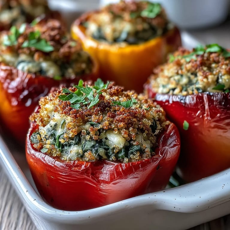 Colorful bell peppers filled with creamy Vegan Spinach and Artichoke Stuffed Peppers on a white plate.