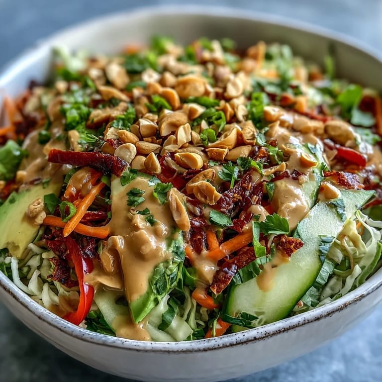 Serving suggestion for Vegan Spring Roll Salad with Peanut Dressing, ready to eat in a white bowl, showcasing vibrant vegetables and a drizzle of the zesty peanut sauce.