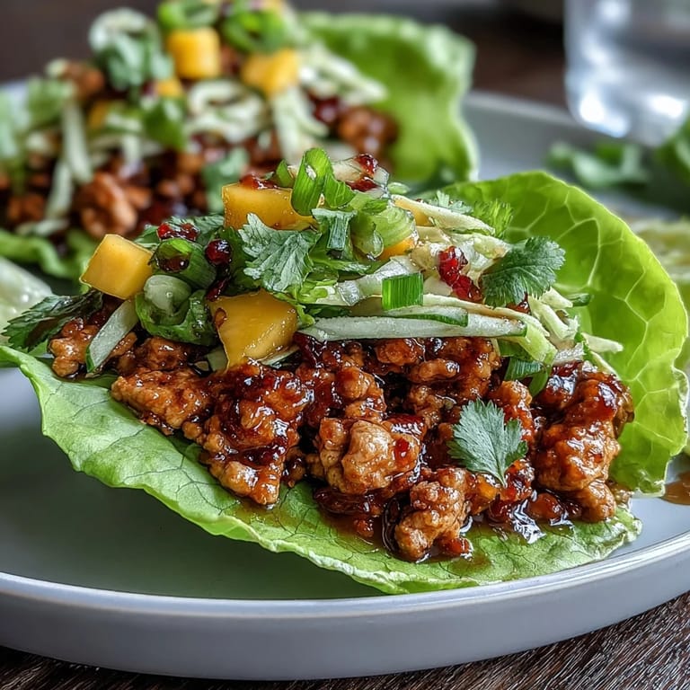 Spicy ground turkey tucked into crisp lettuce leaves, topped with vibrant mango slaw for a fresh and satisfying fusion dish.