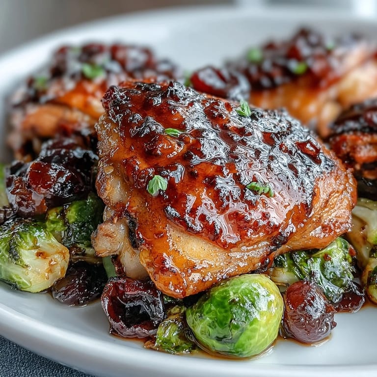 Golden balsamic-glazed chicken thighs roasted alongside tender Brussels sprouts and juicy red grapes, creating a colorful and flavorful sheet pan meal.  