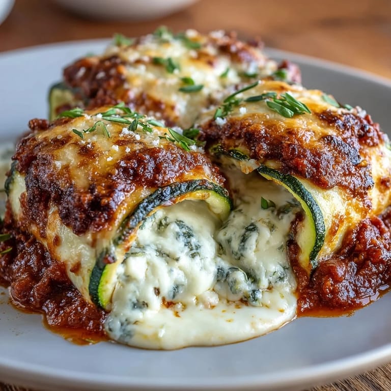 Baked Keto Zucchini Lasagna Roll-Ups featuring zucchini ribbons stuffed with ricotta, mozzarella, and Parmesan, topped with marinara and melted cheese for a comforting, gluten-free Italian dish.