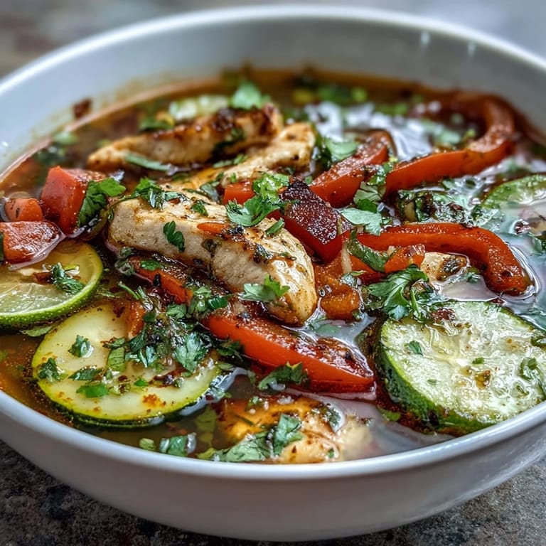 A hearty bowl of one-pot chicken fajita soup with zucchini, peppers, and classic Tex-Mex spices.