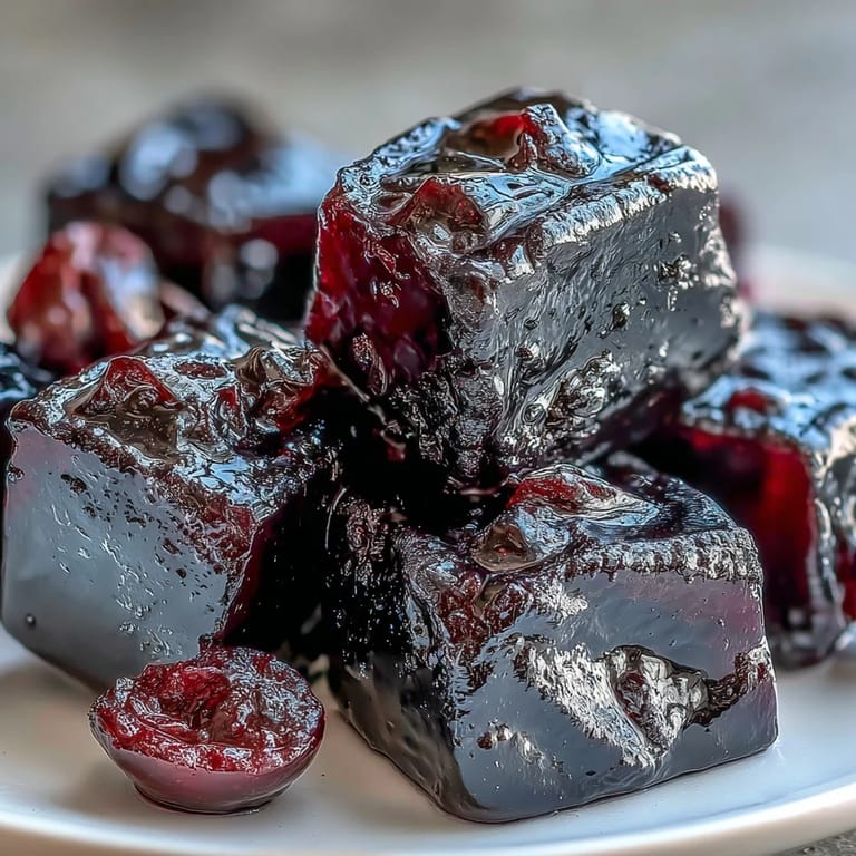 Stack of black currant and licorice chewy candies on parchment paper, highlighting bold flavors and nostalgic European confectionery style.