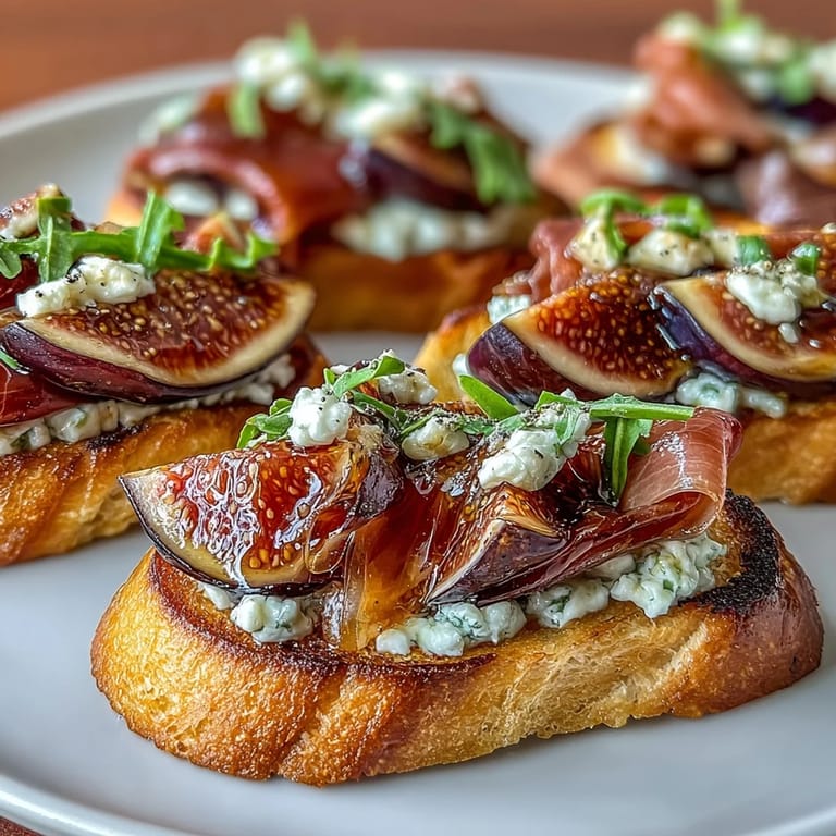 Golden toasted bread layered with prosciutto and juicy figs, finished with creamy goat cheese for a rich appetizer.