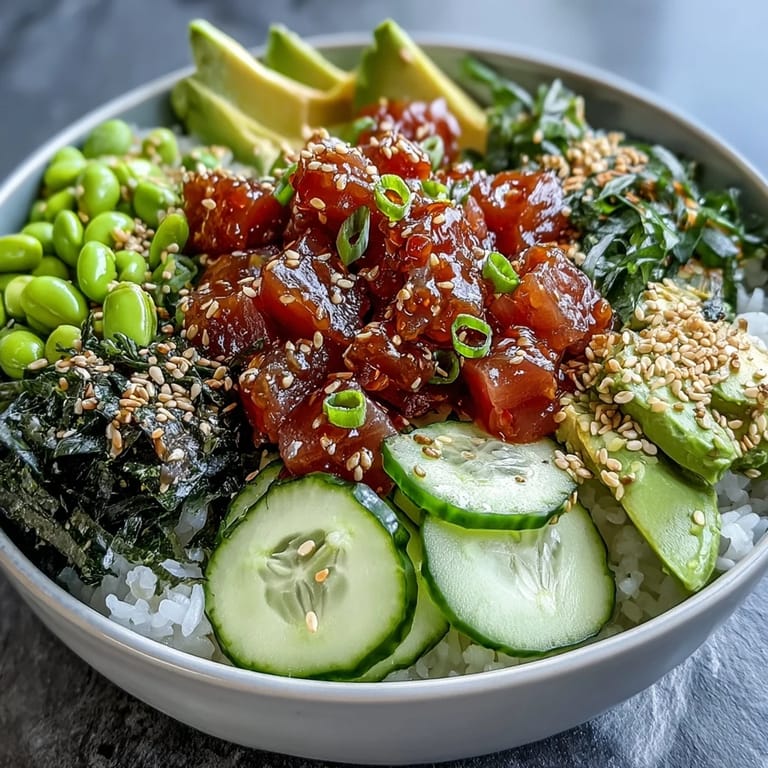 Hawaiian-inspired spicy tuna poke bowl featuring creamy avocado, crunchy cucumber, and seaweed salad.  