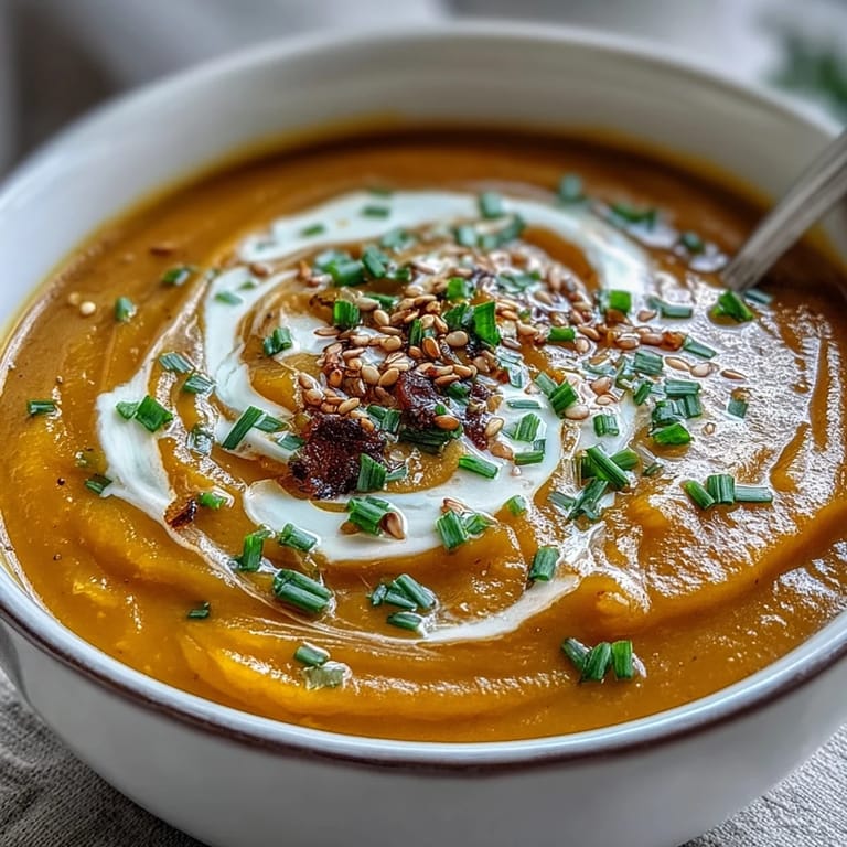 Creamy Japanese-inspired butternut squash soup with miso paste, topped with coconut cream and chives for extra flavor.  