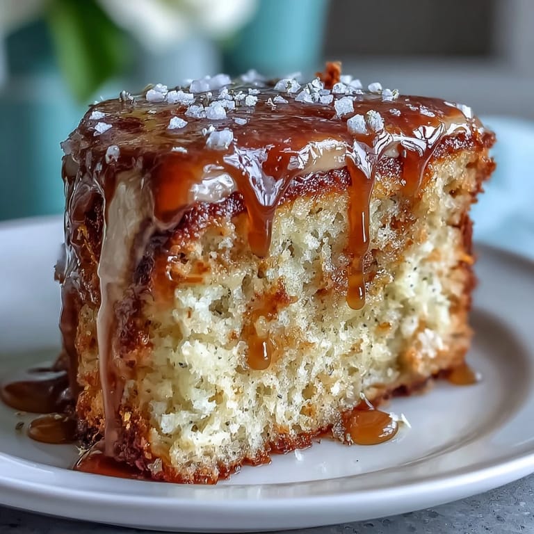 Delicate lavender cake with rich salted honey topping, beautifully garnished with edible flowers.