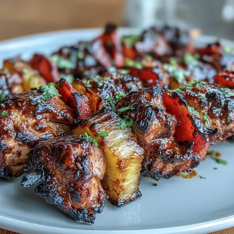 Caribbean jerk chicken skewers with colorful peppers and pineapple, perfect for summer grilling and entertaining.