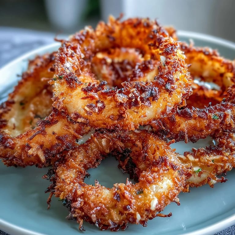 Crunchy battered onion rings cooked in the air fryer, served hot with a creamy homemade garlic dip.  
