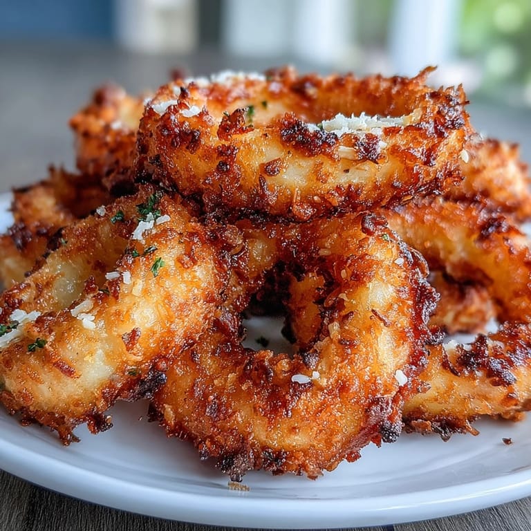 Air-fried onion rings with a golden crust, served alongside zesty garlic aioli for dipping.