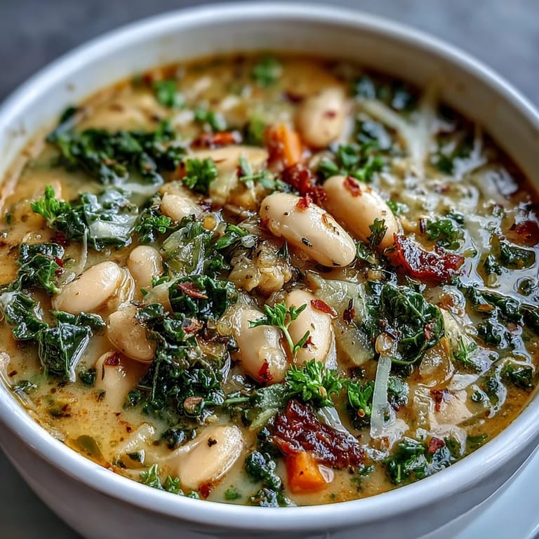 Hearty Tuscan soup with tender white beans, fresh kale, and Parmesan, served steaming in a cozy, rustic bowl.