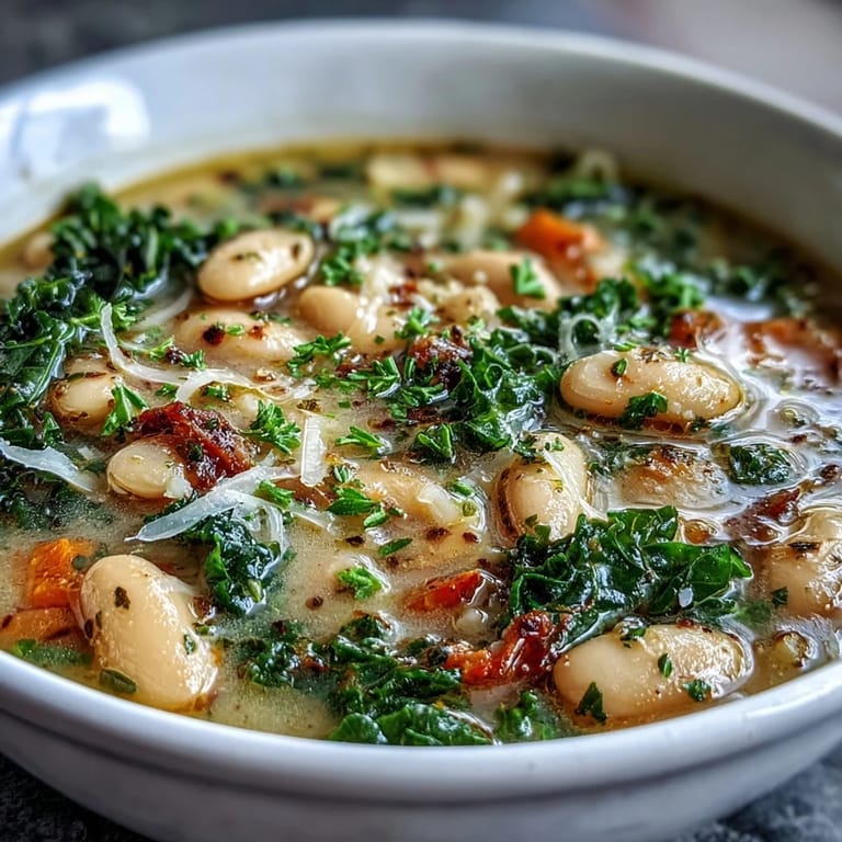 Creamy cannellini beans and wilted kale simmer in a savory broth, topped with grated Parmesan for Italian comfort.  