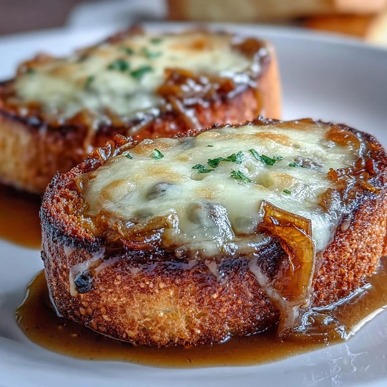Classic French onion soup featuring slow-cooked sweet onions in beef broth, garnished with cheesy sourdough Gruyere crostini for extra crunch.