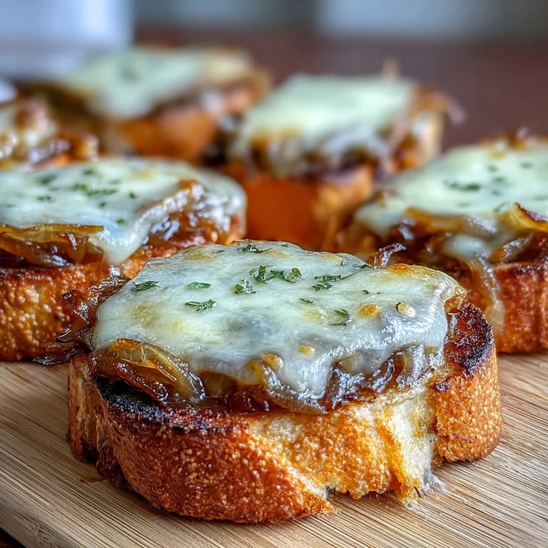 Savory French onion soup with deeply caramelized onions, served with crispy sourdough baguette slices and bubbling Gruyere cheese.  