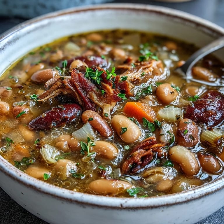 Rich, comforting 15-bean soup with ham bone, carrots, celery, and smoky spices, perfect for cold nights.  