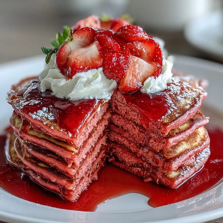A stack of naturally pink pancakes drizzled with luscious strawberry compote, topped with fresh berries and a dollop of Greek yogurt.