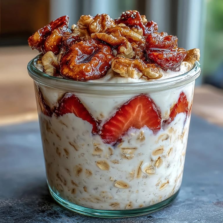 Glass jar filled with strawberry-topped overnight oats and crispy candied walnuts, offering a satisfying and energizing start to your day.