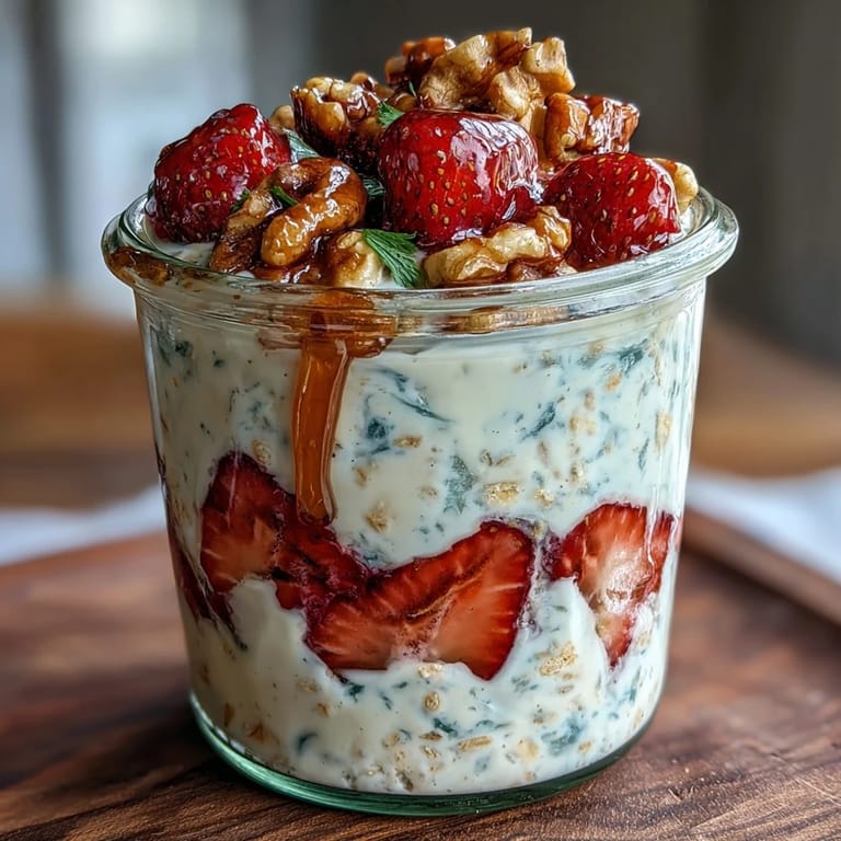 Creamy overnight oats with juicy strawberries and golden candied walnuts, perfect for a wholesome, make-ahead morning meal.