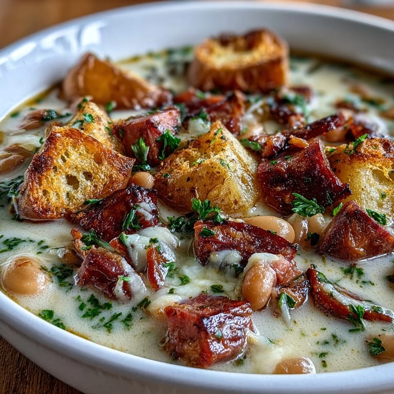Hearty white bean and ham soup with Yukon Gold potatoes, creamy broth, and fresh herbs, ideal for a cozy dinner.