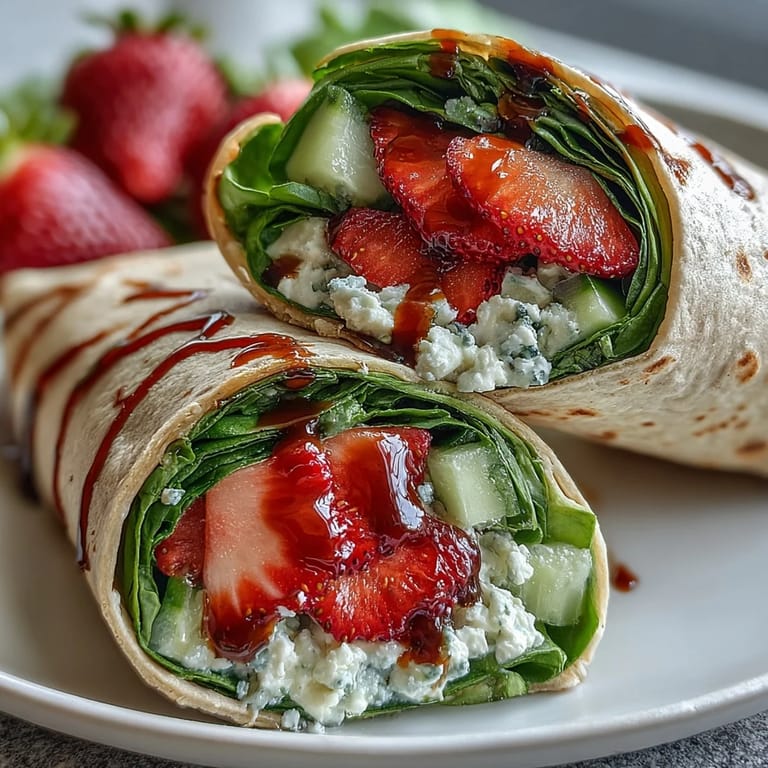 Healthy whole wheat wraps layered with fresh strawberries, baby spinach, and tangy goat cheese, served sliced and ready to enjoy for lunch.