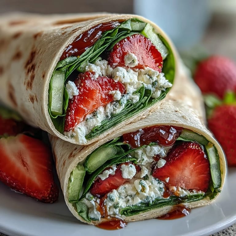 A delicious vegetarian wrap filled with baby spinach, juicy strawberries, crumbled goat cheese, and crunchy pecans, drizzled with balsamic glaze.  