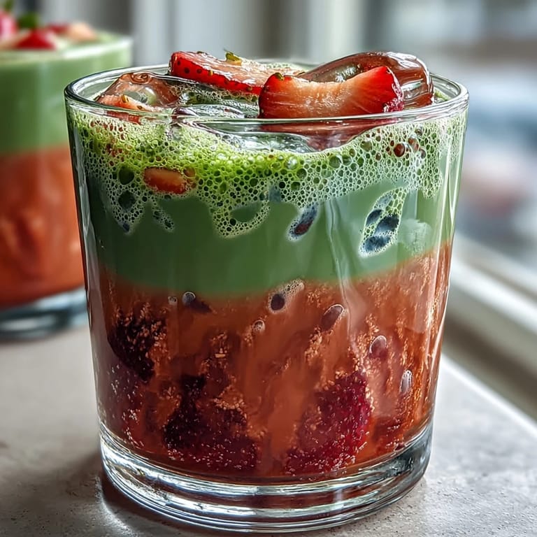 Refreshing vegan iced latte with strawberry puree, green matcha, and creamy oat milk, perfect for a dairy-free summer treat.