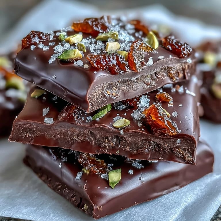 Elegant chocolate bark with candied orange peel, freeze-dried raspberries, and pistachios—ideal for holiday gifting.
